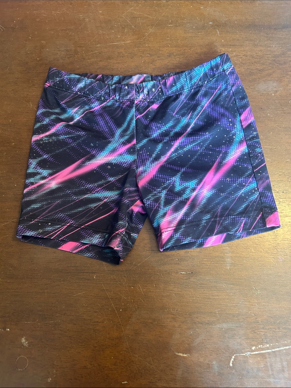 Girls Athletic XS Shorts with Neon Pink & Teal Lightning Print
